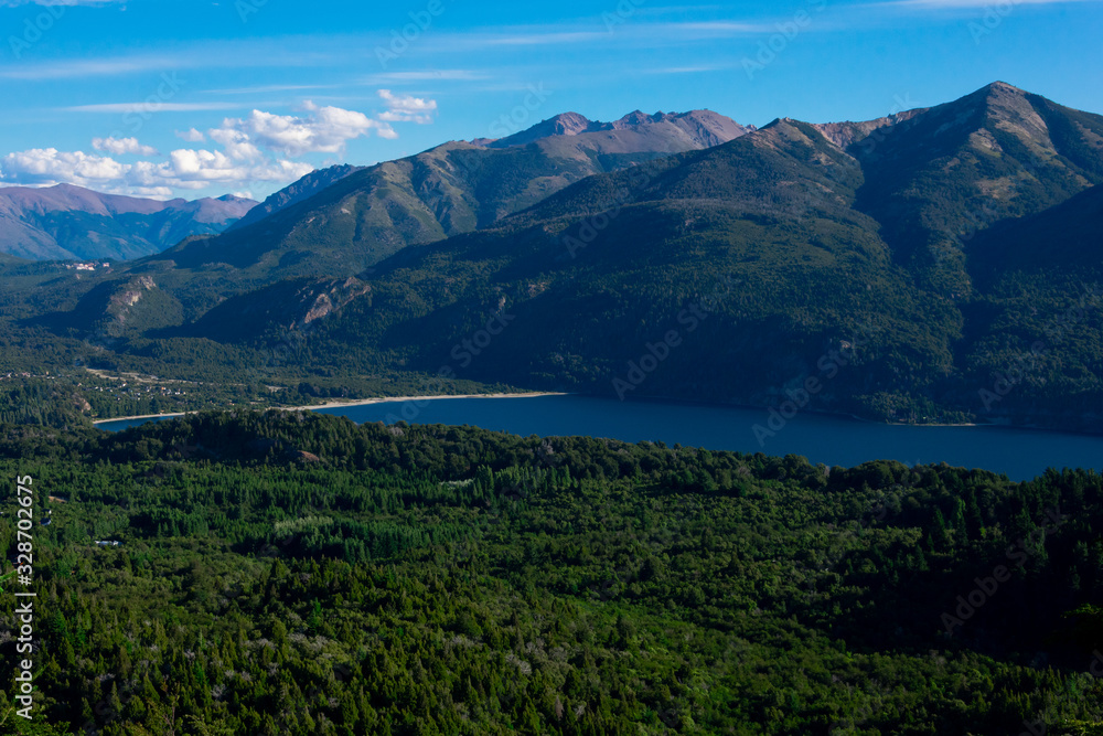 View of Perito Moreno Lake and the mountains taken from Mount Campanario viewpoint (Cerro Campanario). Bariloche, Argentina