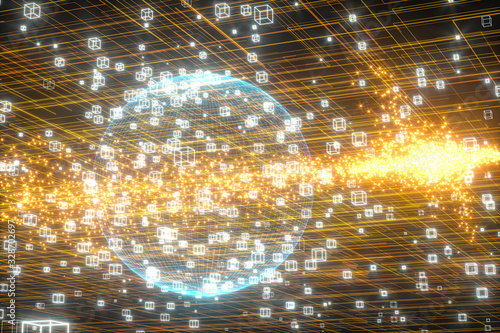 Data lines and earth model,glowing lines and cubes,3d rendering.