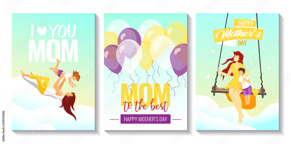 Set of cards for Mother's Day, Women's Day, childhood, motherhood. Mother with child in the clouds, flying balloons. A4 Vector illustrations for card, postcard, poster, cover, print.