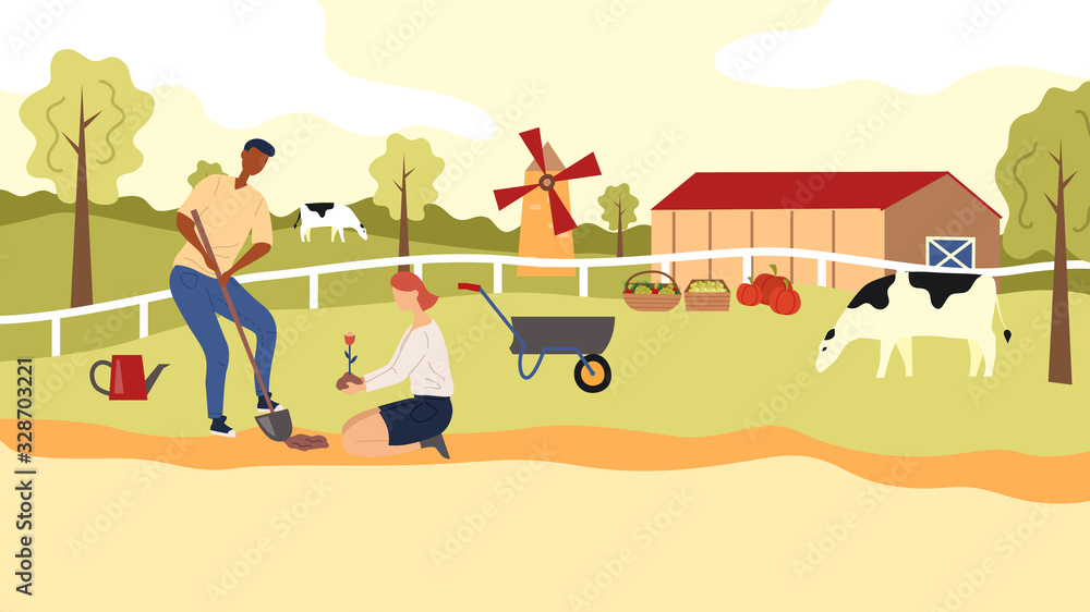 Fototapeta premium Gardening And Farming Concept. Happy Couple Is Gardening Planting And Watering Flowers, Cleaning Up. Man And Woman Is Working Outdoor At The Farm On The Backyard. Cartoon Flat Vector Illustration