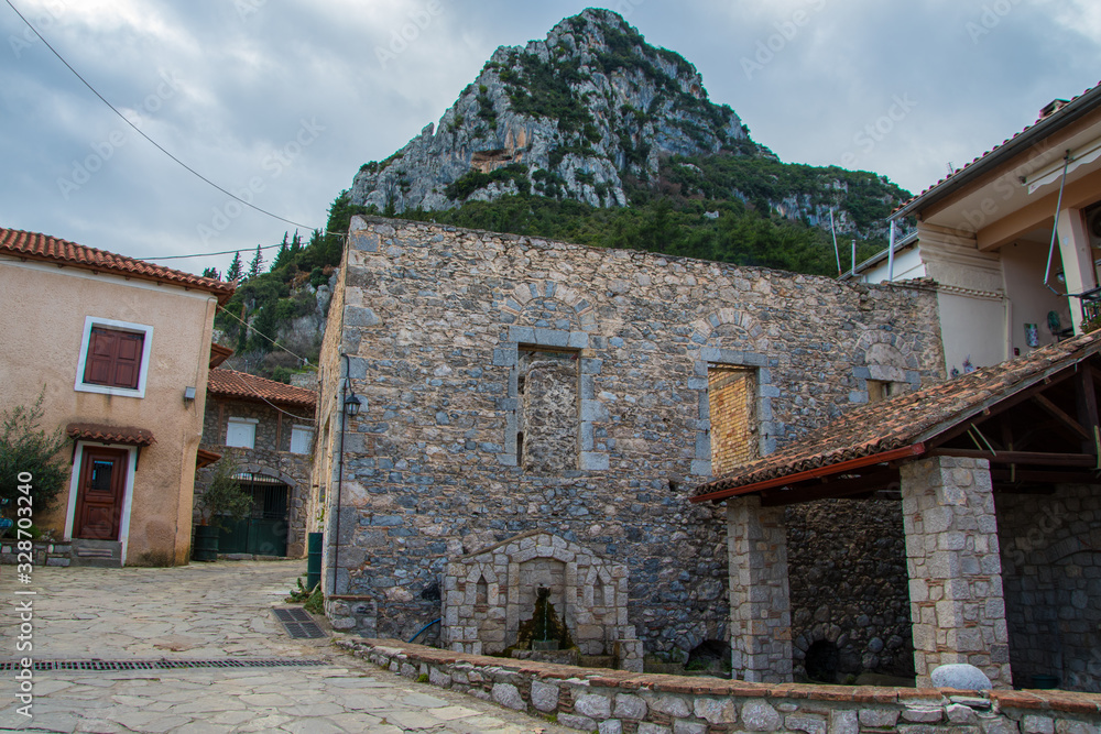 Street view of Tithorea or Velitsa village located at the hillsides of Parnassos mountain in central Greece