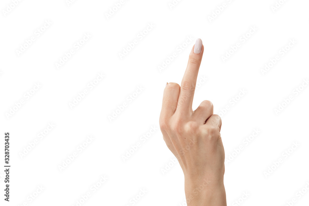 the female hand shows a middle finger gesture is isolated on a white background the female hand shows a middle finger gesture is isolated on a white background