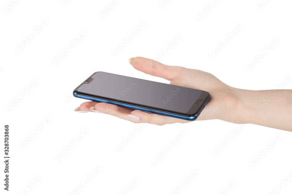 the female hand holds phone the smartphone with a gray gradient on the screen is isolated on a white background the female hand holds phone the smartphone with a gray gradient on the screen is isolated on a white background