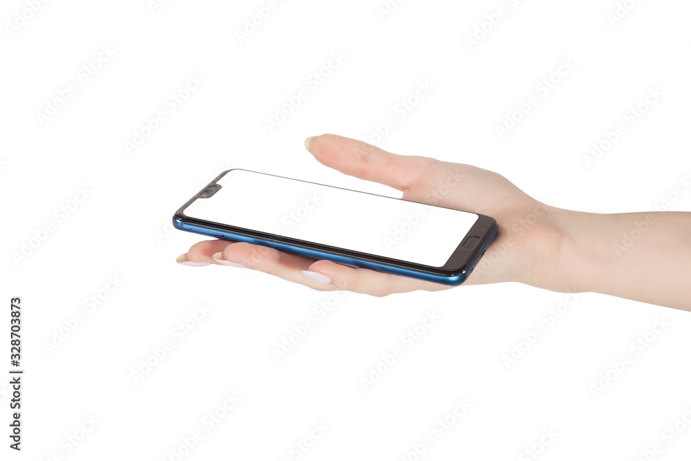 the female hand holds phone the smartphone with a white background on the screen is isolated on a white background the female hand holds phone the smartphone with a white background on the screen is isolated on a white background