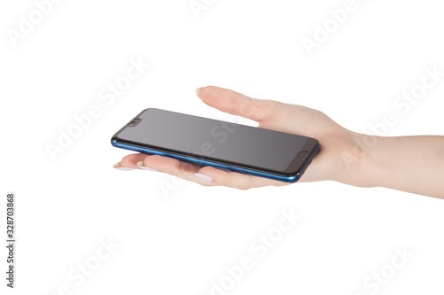 the female hand holds phone the smartphone with a gray gradient on the screen is isolated on a white background