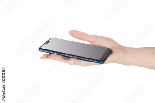 the female hand holds phone the smartphone with a gray gradient on the screen is isolated on a white background