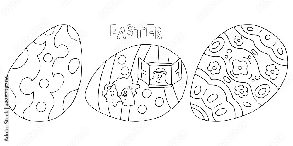 Easter painted eggs set. Home for easter chickens. Happy Easter. Coloring page. Vector hand drawn illustrations set. Black and white isolated on white background. Easter painted eggs set. Home for easter chickens. Happy Easter. Coloring page. Vector hand drawn illustrations set. Black and white isolated on white background.