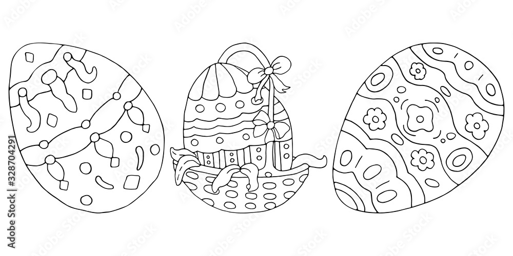 Set of painted easter eggs. Beautiful Russian patterns. Wicker basket. Happy Easter. Coloring page. Vector hand drawn illustrations set. Black and white isolated on white background.