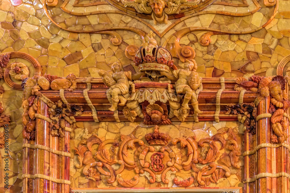 Details of the magnificent carving on amber wall panels in the restored