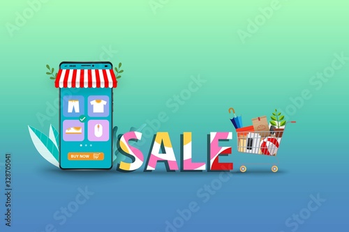 Concept of online shopping  colorful wording  SALE  put near super market basket with goods and smartphone which the display contain list of products and buy now button in blue green shade background.