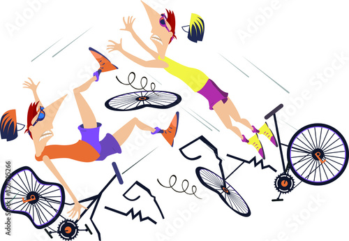 Road accident, two cyclists and broken bikes illustration. Broken bikes and two falling cyclists isolated on white