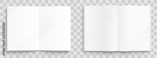 Blank opened book, magazine and notebook template with soft shadows on transparent background. Front view. - stock vector.