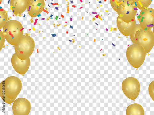 Many Falling Colorful Confetti Ribbon and balloons Gold color on Background