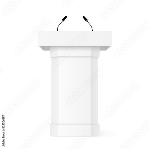 3D Podium tribune with microphones. Realistic vector mockup with shadow. Rostrum stand. White debate podium. Pupitre discours. Stage stand isolated on white background - stock vector. photo