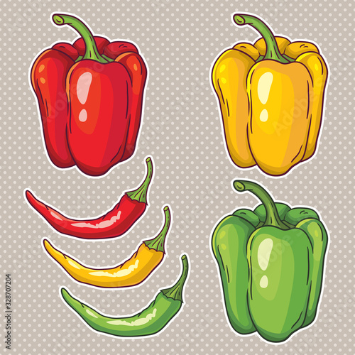 Vector set with vegetables: peppers isolated on white