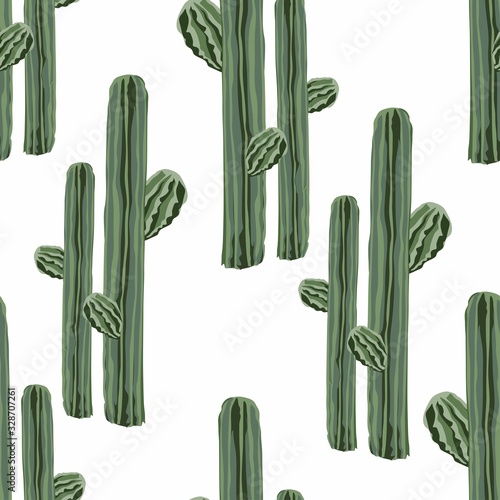 Arizona desert wallpaper with cartoon plants. Exotic seamless pattern with cute cactus. Tribal print, nursery textiles design. White backdrop.