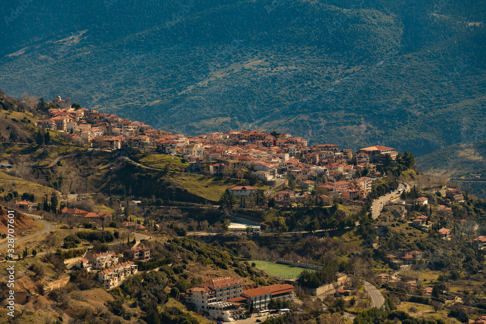 Panoramic view of Arachova village, a popular winter destination in Parnassos mountain in central Greece
