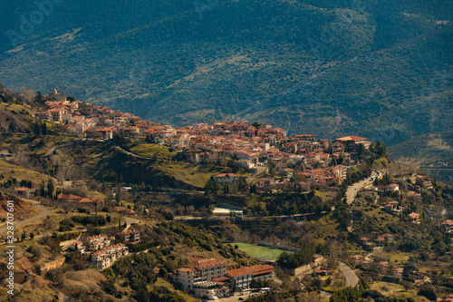 Panoramic view of Arachova village, a popular winter destination in Parnassos mountain in central Greece