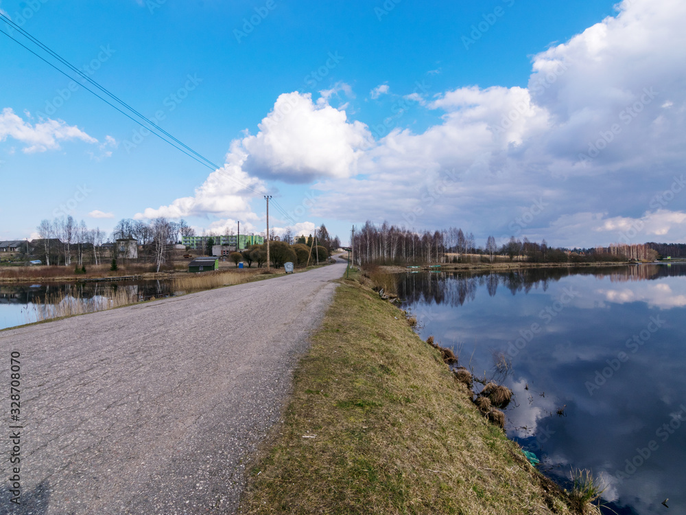 landscape with road, beautiful lake