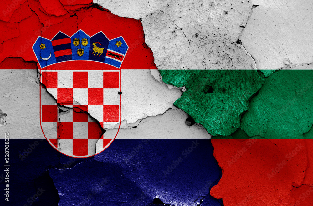 flags of Croatia and Bulgaria painted on cracked wall