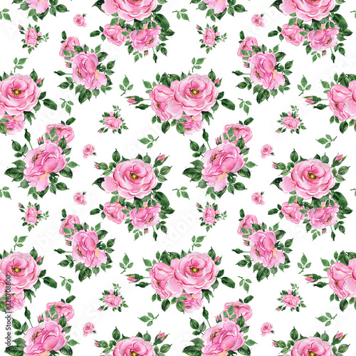 Watercolor hand-drawn seamless pattern of beautiful delicate roses with foliage