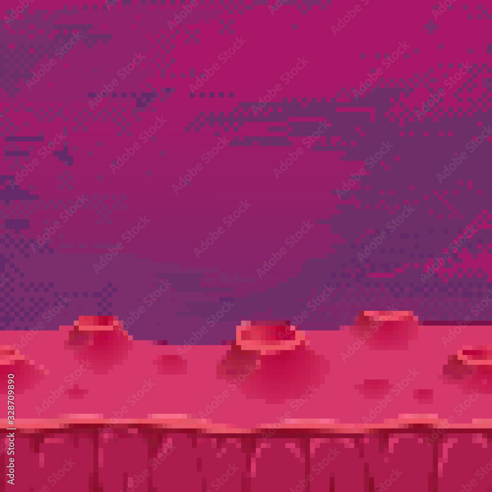 Obraz premium Vector retro futuristic background. Abstract digital landscape with particles dots and stars on horizon. Pixel art background. 8 bit. Planet in space. Retro game design interface. 