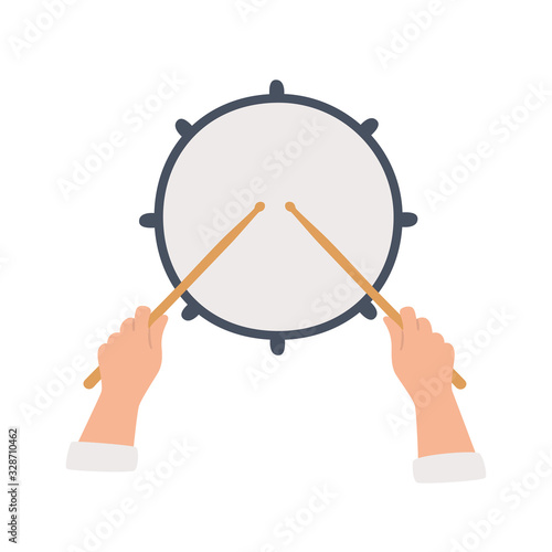 Hand drawn drum and hands holding drumsticks. Top view. Vector llustration in flat and cartoon style on white background