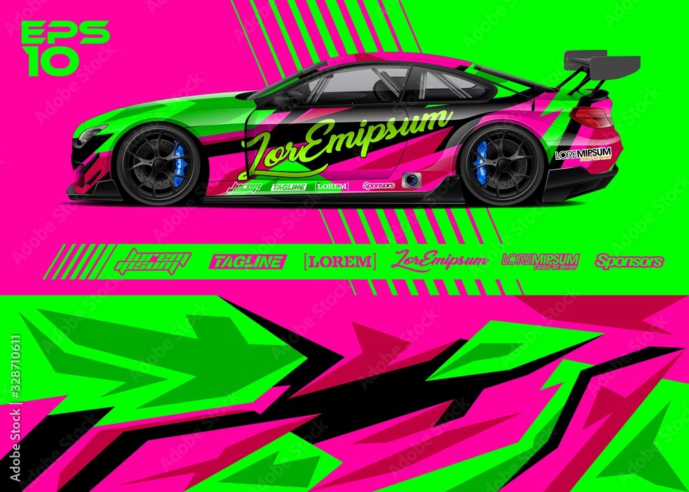 Naklejka premium Race car graphic livery design. Abstract sport racing background for wrap race car, rally, drift car, cargo van, pickup truck and adventure vehicle. Full vector Eps 10.