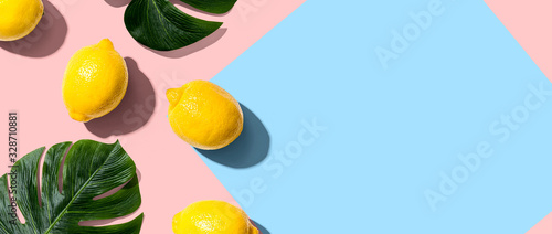 Fototapeta Naklejka Na Ścianę i Meble -  Fresh yellow lemons overhead view - flat lay