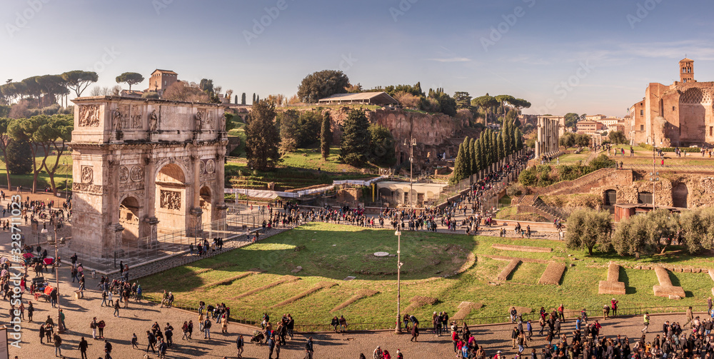 Arch of Constantine and Temple of Venus in Rome. Panoramic taken from the colosseum