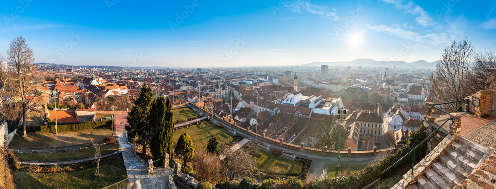 Wide panorama of Graz City from castle hill Schlossberg, Travel destination.
