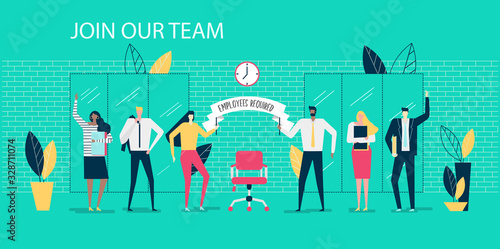 Vector illustration. Join our team. Men and women of different nationalities in the office welcome the new employee. Holding a poster with the inscription "employees are required". Flat design.