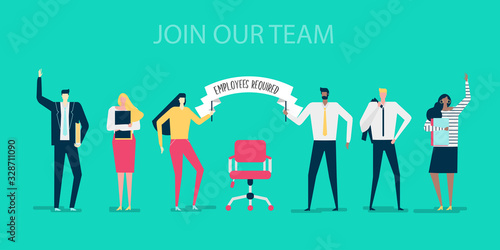 Vector illustration. Join our team. Men and women of different nationalities in the office welcome the new employee. Holding a poster with the inscription "employees are required". Flat design.