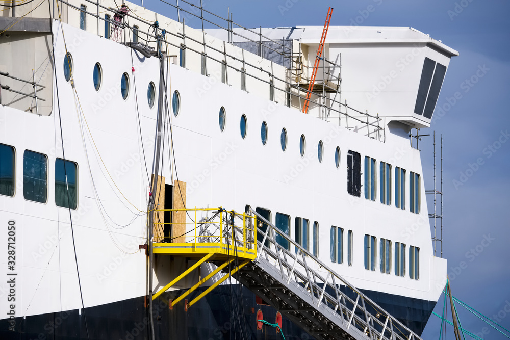 Naklejka premium Shipbuilding scaffold close up in Port Glasgow Ferguson Ship building Dock Harbor Harbour UK