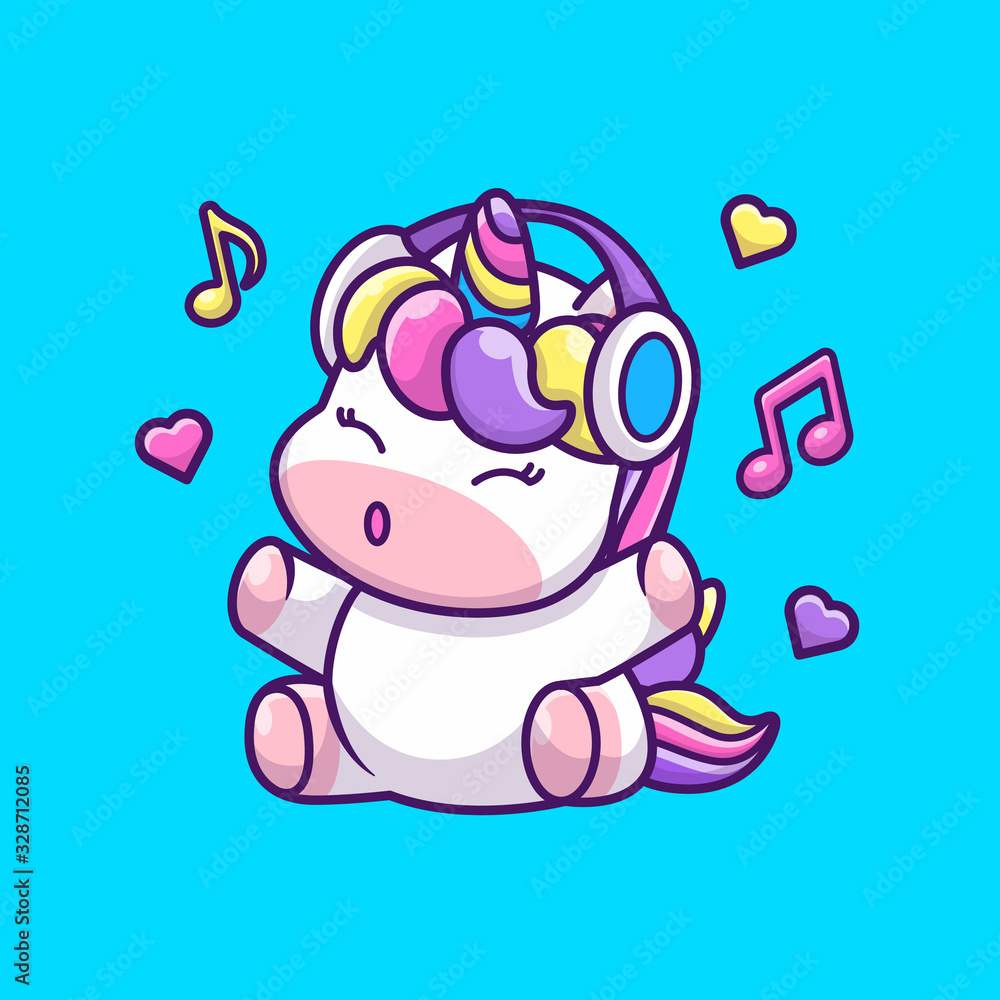 Cute Unicorn And Music Vector Icon Illustration. Unicorn Mascot Cartoon Character. Animal Icon Concept White Isolated. Flat Cartoon Style Suitable for Web Landing Page, Banner, Flyer, Sticker, Card