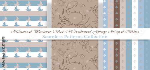 Nautical Pattern Set inspired by adventures on the seas. Heathered Gray Nepal Blue color palette. Anchors and crabs... It fits any surface you like, T-Shirt, Wall Coverings, Bed Linen, Wrapping Paper,
