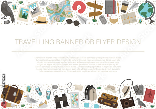 Vector horizontal layout frame with travelling objects. Journey elements banner design. Cute funny card template with travel or vacation elements..