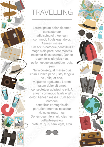 Vector vertical layout frame with travelling objects. Journey elements banner design. Cute funny card template with travel or vacation elements..