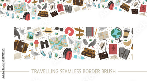 Vector seamless pattern brush with flat travelling objects. Journey elements border background. Travel or vacation elements horizontal digital paper. .