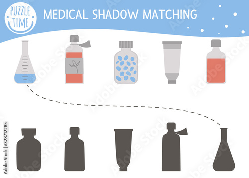 Shadow matching activity for children with medical equipment. Medicine or healthcare preschool puzzle. Cute educational riddle with pills. Find the correct silhouette game..
