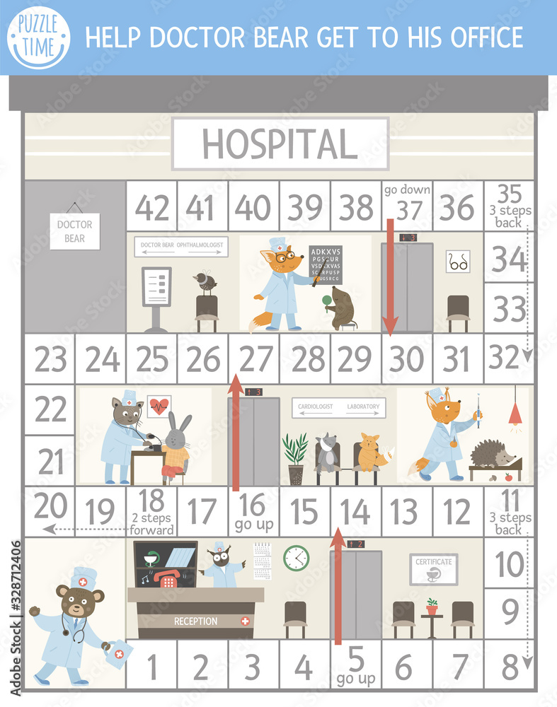 Medical adventure board game for children with cute characters. Educational medicine boardgame. Go through the hospital activity. Help doctor bear get to his office in a clinic..
