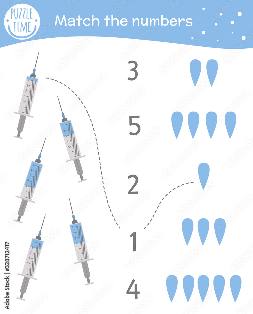 Matching game with syringes and drops. Medical math activity for