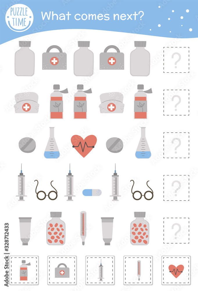 What comes next. Medical matching activity for preschool children with medicine symbols. Funny health care game for kids. Logical quiz worksheet. Continue the row.. What comes next. Medical matching activity for preschool children with medicine symbols. Funny health care game for kids. Logical quiz worksheet. Continue the row..