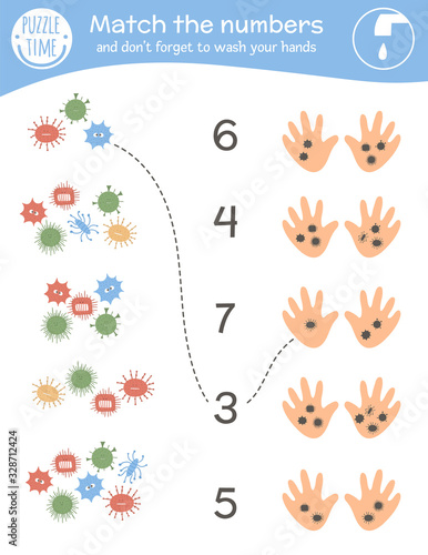 Matching game with viruses and dirty hands. Medical math activity for preschool children. Medicine counting worksheet. Educational riddle with cute funny elements..