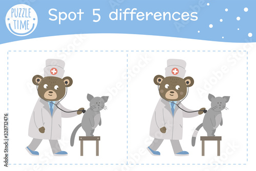 Medical find differences game for children. Medicine preschool activity with doctor examining patients lungs. Puzzle with cute funny smiling characters..