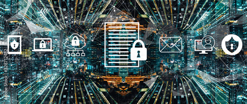 Photography Data protection concept with abstract Tokyo night cityscape