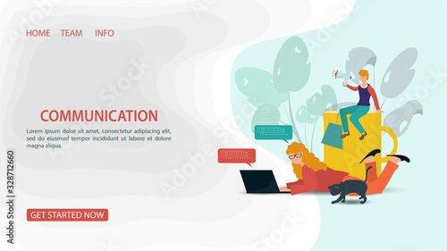 small people a woman is lying with a laptop a man is sitting on a mug with a loudspeaker For a Website or Mobile Applications Artificial Intelligence Concept Flat Vector Illustration
