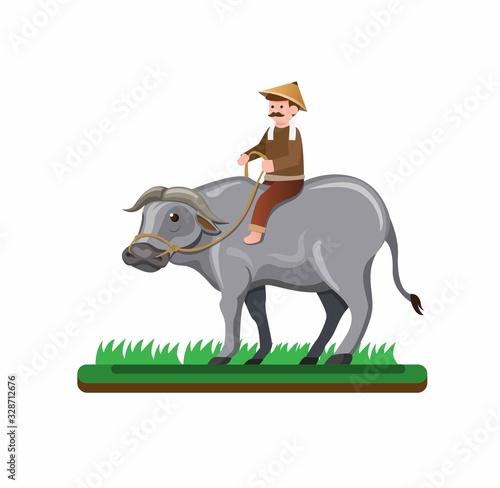 asian farmer man riding buffalo in grass rice field, outdoor farm countryside activity people in cartoon flat illustration vector