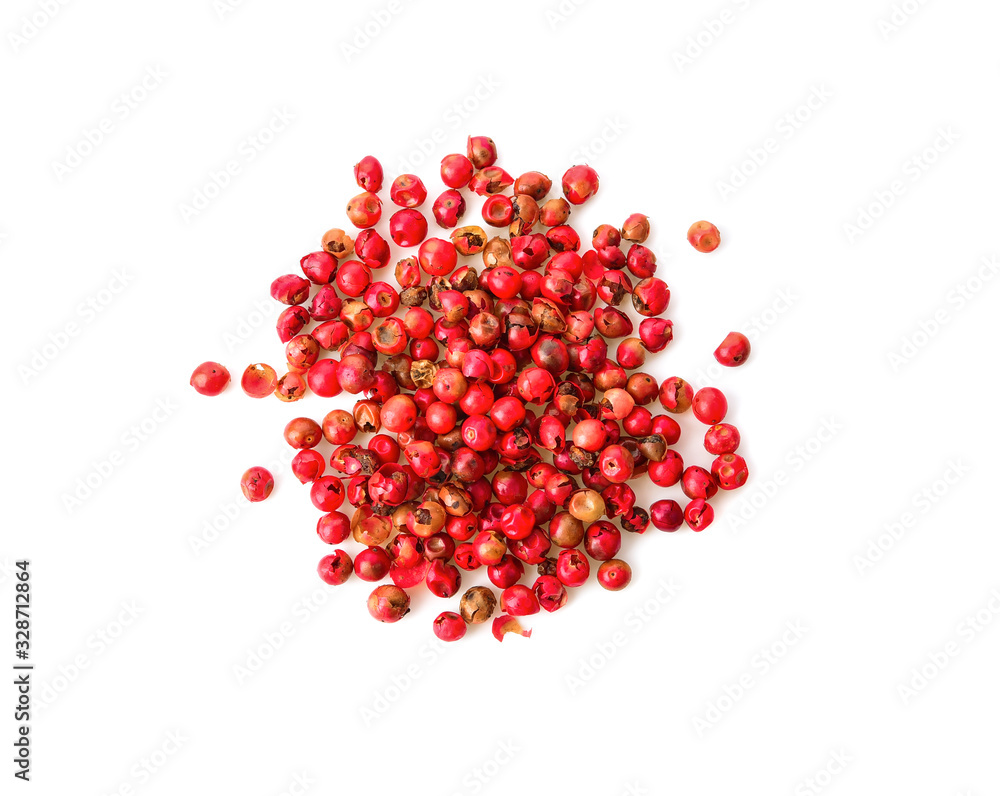 red peppercorns seeds isolated on white background. Top view. Flat lay red peppercorns seeds isolated on white background. Top view. Flat lay