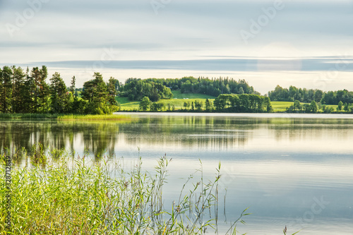 Fototapeta Naklejka Na Ścianę i Meble -  Forest and meadow reflection in mini lake in central Sweden